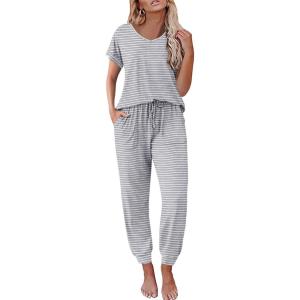 Ekouaer Pajama Sets for Women 2 Piece Lounge Sets Short Sleeve Pullover Top and Jogger Pants Pjs Sleepwear Tracksuit S-XXL(Light Grey Striped)