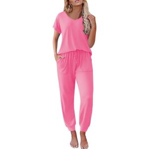 Ekouaer Pajama Sets for Women 2 Piece Lounge Sets Short Sleeve Pullover Top and Jogger Pants Pjs Sleepwear Tracksuit S-XXL(Rose)