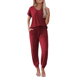 Ekouaer Pajama Sets for Women 2 Piece Lounge Sets Short Sleeve Pullover Top and Jogger Pants Pjs Sleepwear Tracksuit S-XXL(Wine)