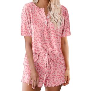 Ekouaer Pajamas Set for Women Short Sleeve Lounge Set 2 Piece Loungewear PJs Soft Cute Lightweight Sleepwear(Pink Heart Leopard)