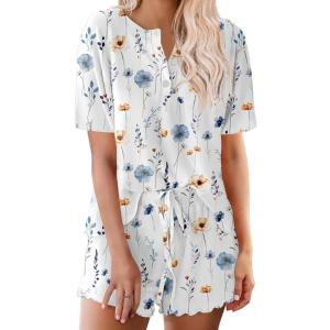 Ekouaer Pajamas Set for Women Short Sleeve Lounge Set 2 Piece Loungewear PJs Soft Cute Lightweight Sleepwear(White Flower)