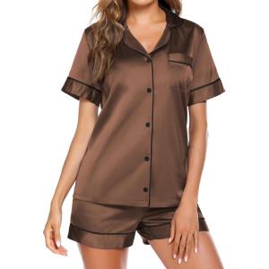 Ekouaer Pajamas for Women Set Silk Satin Pjs Button Down Sleepwear Summer Loungewear Top and Shorts Lounge Set S-XXL(Coffee)