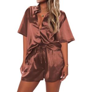 Ekouaer Pajamas for Women Silk Satin Pjs Soft Sleepwear Short Sleeve Button Down Pjs Top and Shorts 2 Piece Lounge Set S-XXL(Brown)
