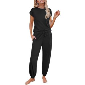Ekouaer Pajamas for women 2 Piece Lounge Set Cap Sleeve Sleepwear Joggers Pants Pjs with Pockets S-XXL(Black)