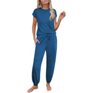 Ekouaer Pajamas for women 2 Piece Lounge Set Cap Sleeve Sleepwear Joggers Pants Pjs with Pockets S-XXL(Dark Blue)