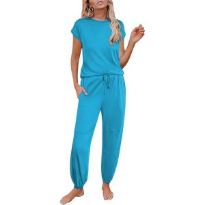 Ekouaer Pajamas for women 2 Piece Lounge Set Cap Sleeve Sleepwear Joggers Pants Pjs with Pockets S-XXL(Lake Blue)