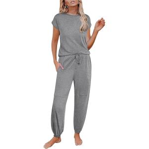 Ekouaer Pajamas for women 2 Piece Lounge Set Cap Sleeve Sleepwear Joggers Pants Pjs with Pockets S-XXL(Light Grey)