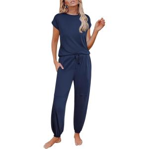 Ekouaer Pajamas for women 2 Piece Lounge Set Cap Sleeve Sleepwear Joggers Pants Pjs with Pockets S-XXL(Navy)