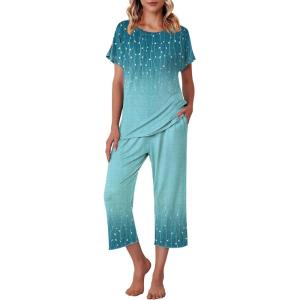 Ekouaer Women’s Capri Pajama Sets Print Short Sleeve Sleepwear Top and Capri Pants Soft Loungewear with Pocket(Blue Willow Branches)