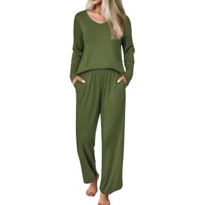 Ekouaer Womens Pajama Set Ribbed Knit PJs 2 Piece Lounge Set Long Sleeve Top and Pants Comfy Sleepwear with Pockets(Army Green)