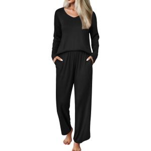 Ekouaer Womens Pajama Set Ribbed Knit PJs 2 Piece Lounge Set Long Sleeve Top and Pants Comfy Sleepwear with Pockets(Black)