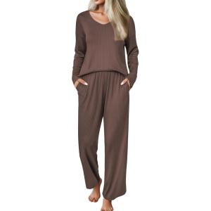 Ekouaer Womens Pajama Set Ribbed Knit PJs 2 Piece Lounge Set Long Sleeve Top and Pants Comfy Sleepwear with Pockets(Brown)