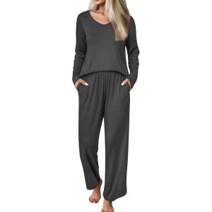 Ekouaer Womens Pajama Set Ribbed Knit PJs 2 Piece Lounge Set Long Sleeve Top and Pants Comfy Sleepwear with Pockets(Dark Grey)