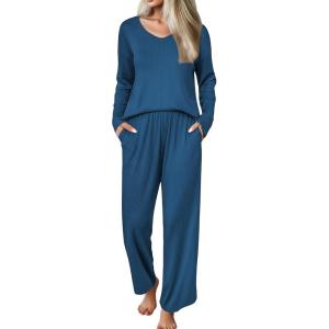 Ekouaer Womens Pajama Set Ribbed Knit PJs 2 Piece Lounge Set Long Sleeve Top and Pants Comfy Sleepwear with Pockets(Navy Blue)