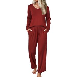 Ekouaer Womens Pajama Set Ribbed Knit PJs 2 Piece Lounge Set Long Sleeve Top and Pants Comfy Sleepwear with Pockets(Wine Red)