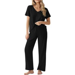 Ekouaer Womens Pajama Sets 2 Piece Lounge Set Soft Pajamas for Women Set Short Sleeve and Long Pants Pjs with Pockets(Black)