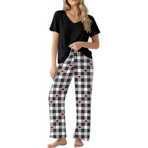 Ekouaer Womens Pajama Sets 2 Piece Lounge Set Soft Pajamas for Women Set Short Sleeve and Long Pants Pjs with Pockets(Black and White Plaid)