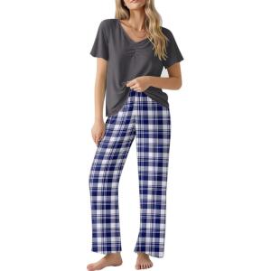 Ekouaer Womens Pajama Sets 2 Piece Lounge Set Soft Pajamas for Women Set Short Sleeve and Long Pants Pjs with Pockets(Blue Plaid)