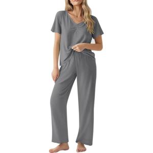 Ekouaer Womens Pajama Sets 2 Piece Lounge Set Soft Pajamas for Women Set Short Sleeve and Long Pants Pjs with Pockets(Grey)
