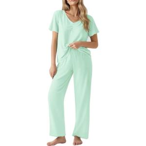 Ekouaer Womens Pajama Sets 2 Piece Lounge Set Soft Pajamas for Women Set Short Sleeve and Long Pants Pjs with Pockets(Light Green)