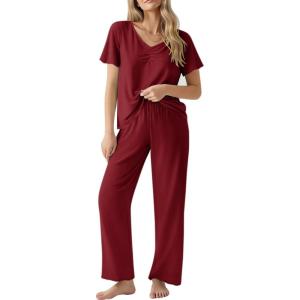 Ekouaer Womens Pajama Sets 2 Piece Lounge Set Soft Pajamas for Women Set Short Sleeve and Long Pants Pjs with Pockets(Red)