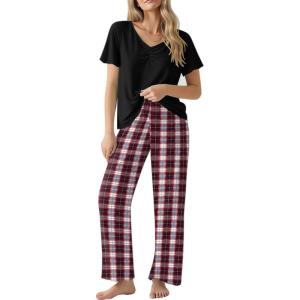 Ekouaer Womens Pajama Sets 2 Piece Lounge Set Soft Pajamas for Women Set Short Sleeve and Long Pants Pjs with Pockets(Red Plaid)