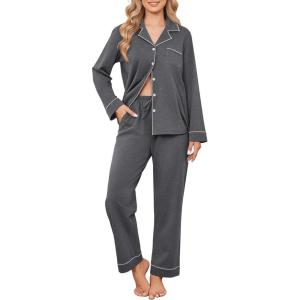 Ekouaer Womens Pajamas Set Cotton PJs Long Sleeve Sleepwear Button Down Tops and Pants 2 Piece Lounge Set(Medium Grey)