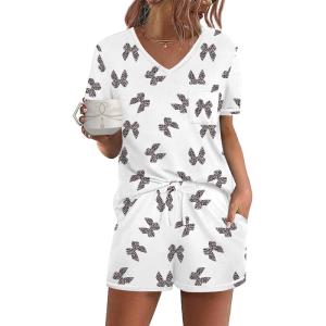 Ekouaer Women’s Pajamas Sets Short Sleeve Lounge Sets Sleepwear Casual Two Piece Pjs With Pockets(Leopard Bow)