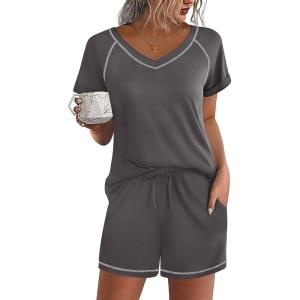 Ekouaer Womens Pajamas Short Sleeve Sleepwear 2 Piece Pj Set Casual V Neck Lounge Sets with Pockets S-XXL(Grey)