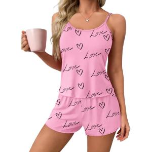 Ekouaer Womens Printed Cami Pajama Set 2 Piece Sleepwear Criss Cross Back Tank Split Shorts Cute Cozy PJS(Pink Love)