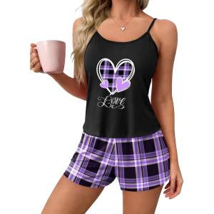 Ekouaer Womens Printed Cami Pajama Set 2 Piece Sleepwear Criss Cross Back Tank Split Shorts Cute Cozy PJS(Plaid Lilac Love)