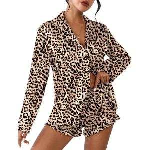 Ekouaer Womens Satin Pajama Sets Long Sleeve Top and Shorts Lounge Set Button Down Sleepwear(Brown Leopard)