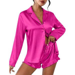 Ekouaer Womens Satin Pajama Sets Long Sleeve Top and Shorts Lounge Set Button Down Sleepwear(Hot Pink)