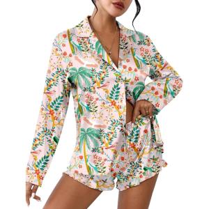 Ekouaer Womens Satin Pajama Sets Long Sleeve Top and Shorts Lounge Set Button Down Sleepwear(Pink Forest)