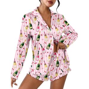 Ekouaer Womens Satin Pajama Sets Long Sleeve Top and Shorts Lounge Set Button Down Sleepwear(Striped Wine Bottle)