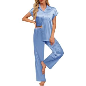 Ekouaer Womens Satin Pajamas Set Silky Two-piece Short Sleeve and Long Pants Sleepwear Button-Down Pj Sets With Pockets(Blue)