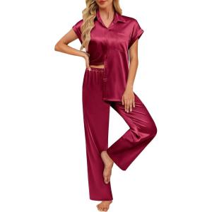 Ekouaer Womens Satin Pajamas Set Silky Two-piece Short Sleeve and Long Pants Sleepwear Button-Down Pj Sets With Pockets(Wine Red)