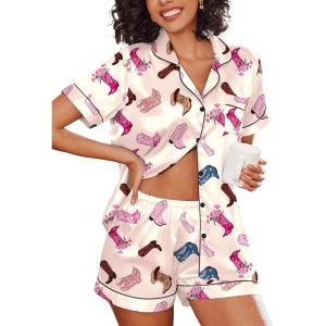 Ekouaer Women’s Silk Satin Pajama Set Short Sleeve Pjs Shorts Set Comfy Button Down 2 Piece Sleepwear Loungewear(Champagne Boots)