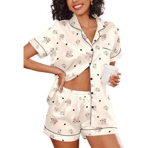 Ekouaer Women’s Silk Satin Pajama Set Short Sleeve Pjs Shorts Set Comfy Button Down 2 Piece Sleepwear Loungewear(Champagne Floral)