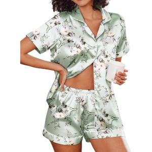 Ekouaer Women’s Silk Satin Pajama Set Short Sleeve Pjs Shorts Set Comfy Button Down 2 Piece Sleepwear Loungewear(Floral Light Green With White)