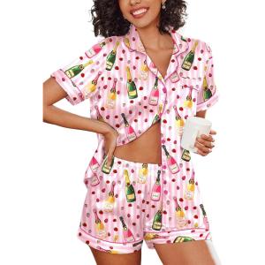 Ekouaer Women’s Silk Satin Pajama Set Short Sleeve Pjs Shorts Set Comfy Button Down 2 Piece Sleepwear Loungewear(Striped Wine Bottle)
