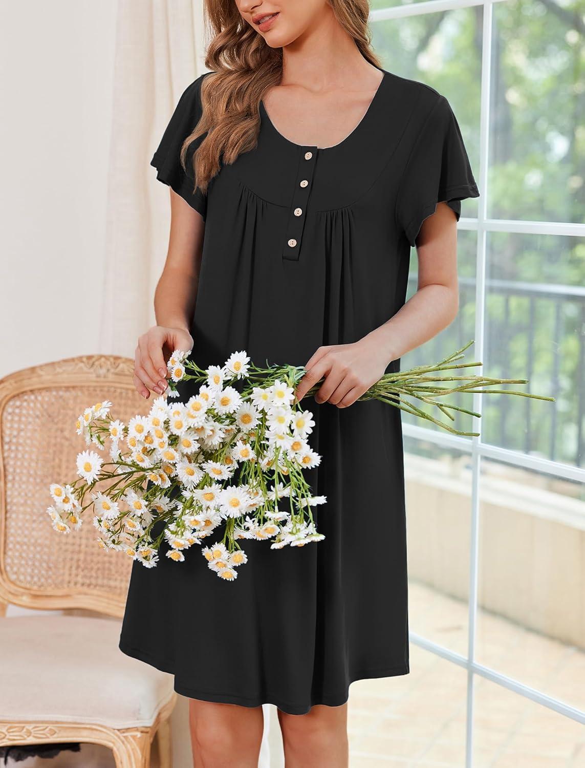 imageEkouaer 2 Pack House Dresses for Women with Pockets Short Sleeve Moomoo Nightgown Plus Size Mumu Dress Floral Lounge DressBlackLeopard