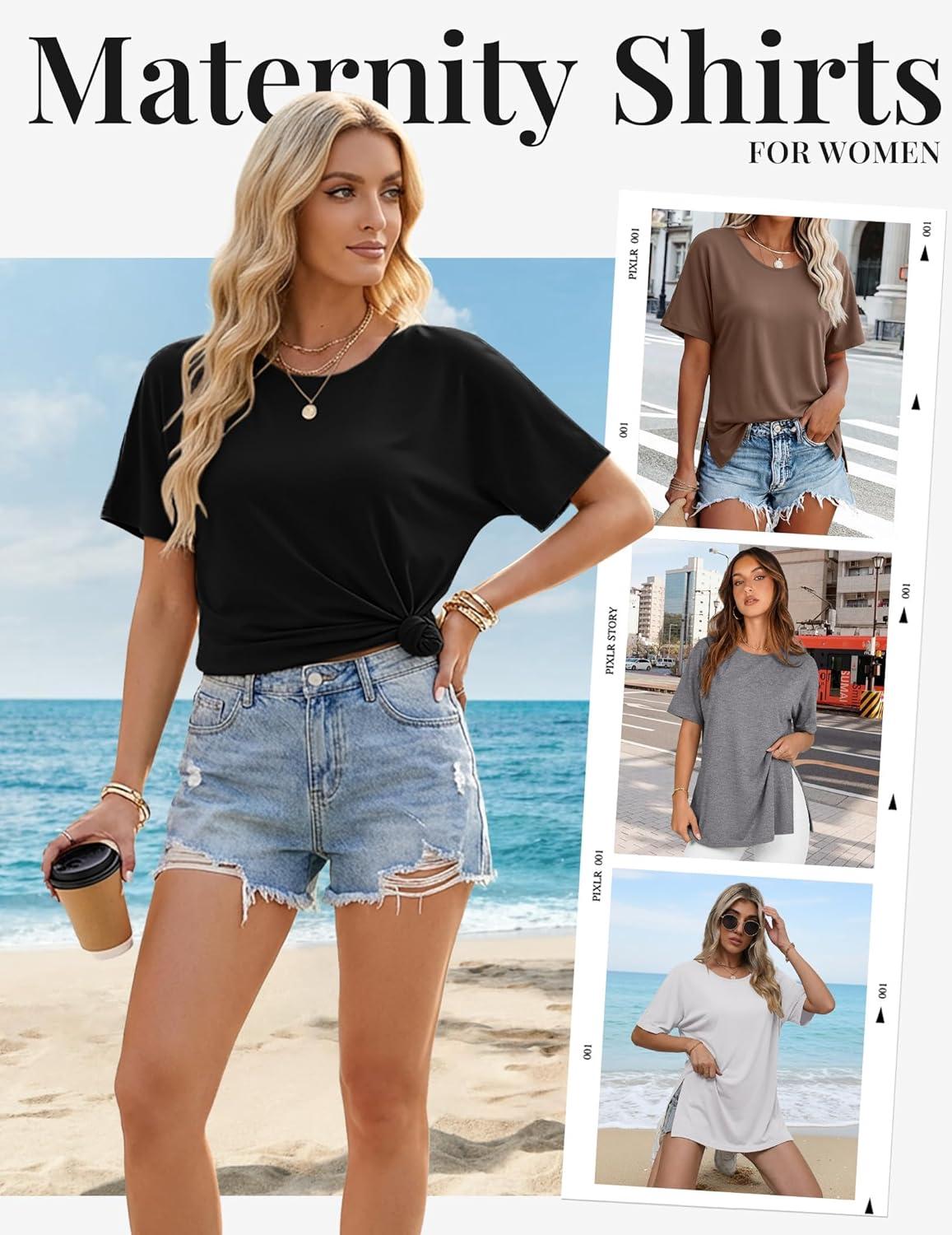 imageEkouaer 4 Pack Maternity Shirts Short Sleeve Pregnancy Tunic Tops Casual Postpartum Outfits Split Side Mama ClothesBlackBrownGrayWhite