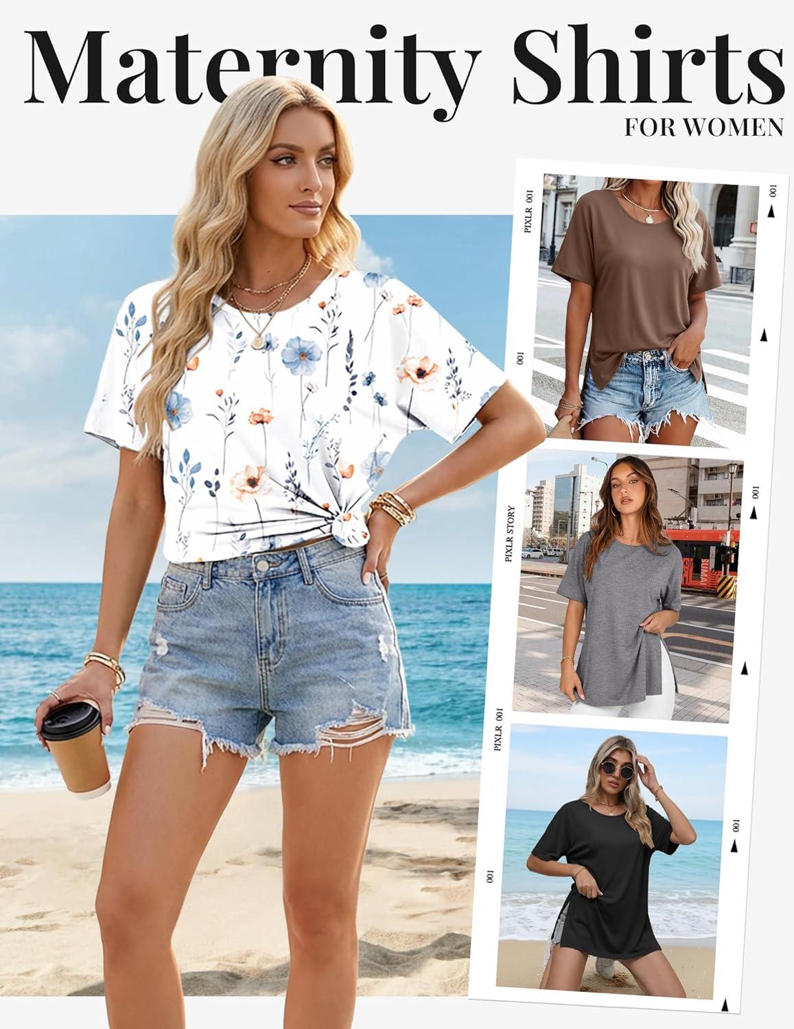 imageEkouaer 4 Pack Maternity Shirts Short Sleeve Pregnancy Tunic Tops Casual Postpartum Outfits Split Side Mama ClothesBlackBrownGrayWhite Floral
