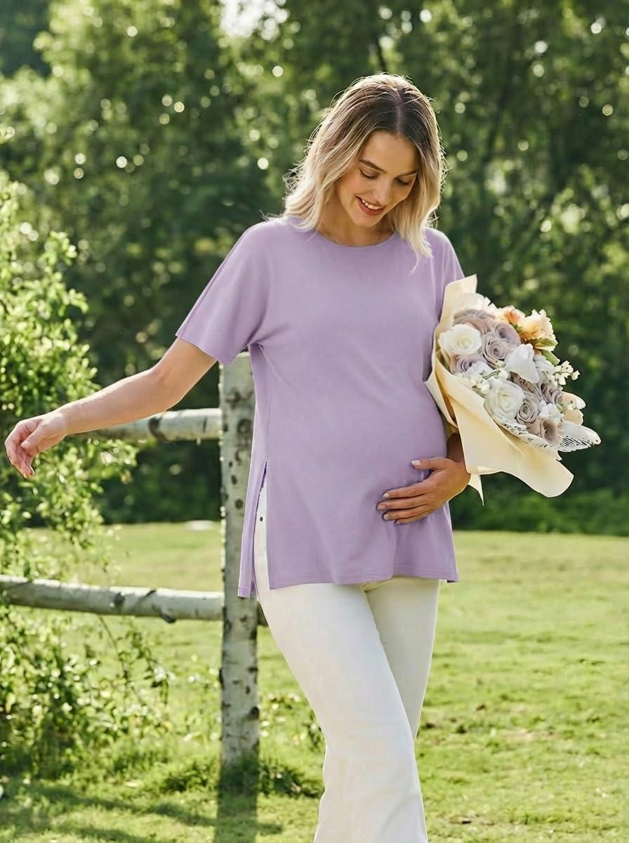 imageEkouaer 4 Pack Maternity Shirts Short Sleeve Pregnancy Tunic Tops Casual Postpartum Outfits Split Side Mama ClothesBlackKhakiLight PurpleWhite