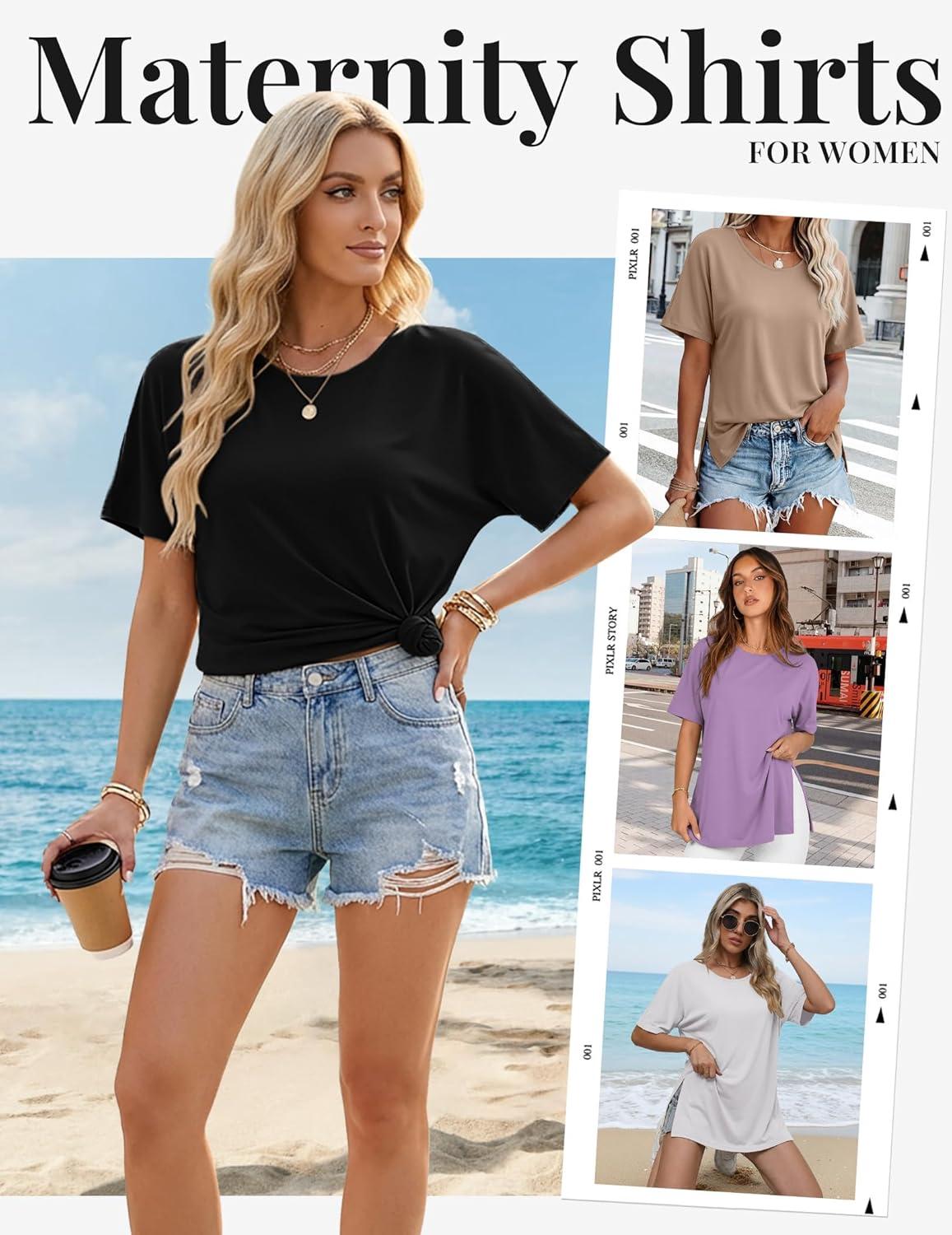 imageEkouaer 4 Pack Maternity Shirts Short Sleeve Pregnancy Tunic Tops Casual Postpartum Outfits Split Side Mama ClothesBlackKhakiLight PurpleWhite