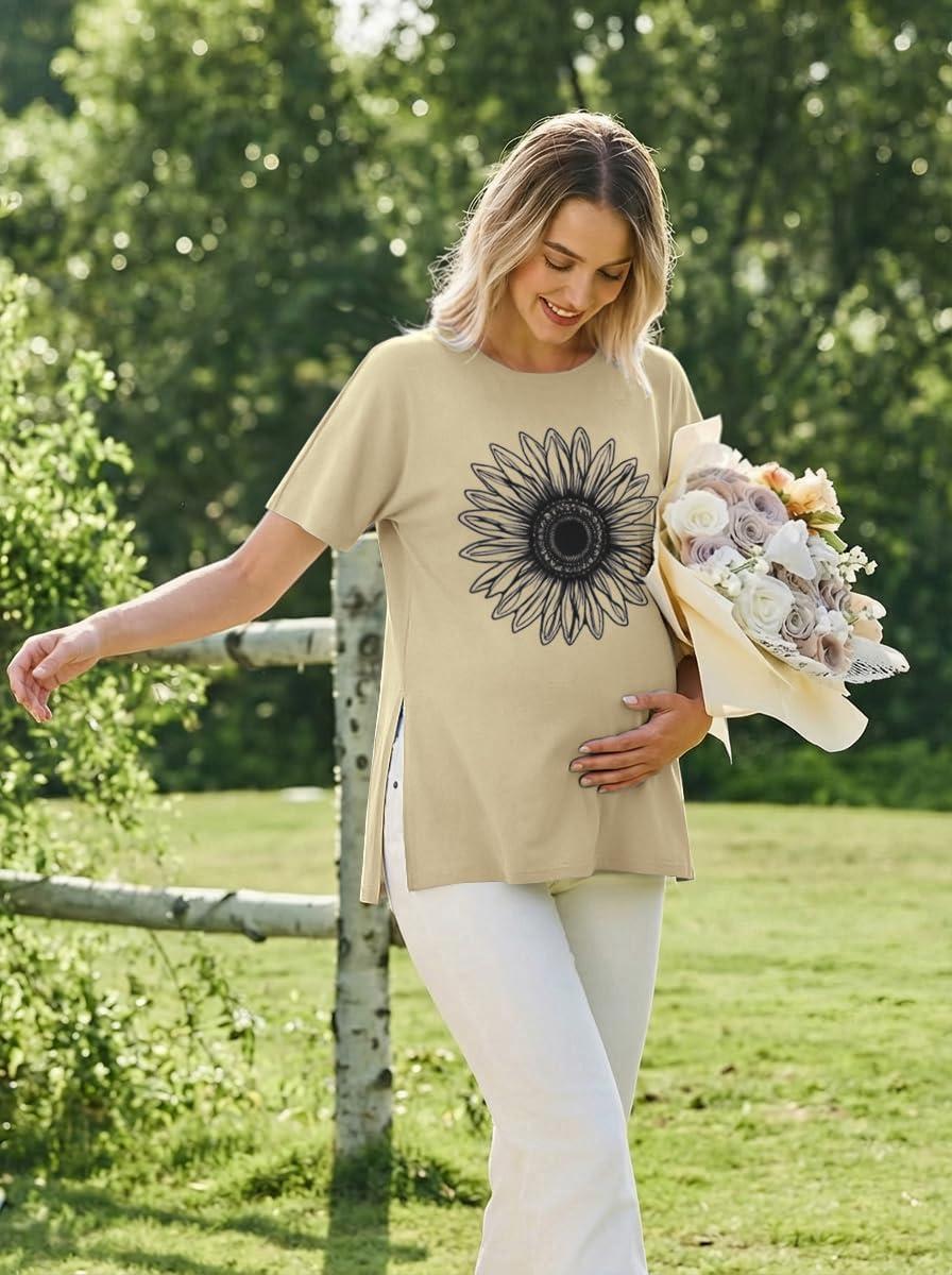 imageEkouaer 4 Pack Maternity Shirts Short Sleeve Pregnancy Tunic Tops Casual Postpartum Outfits Split Side Mama ClothesBlackKhakiOrangeWhite Sunflower