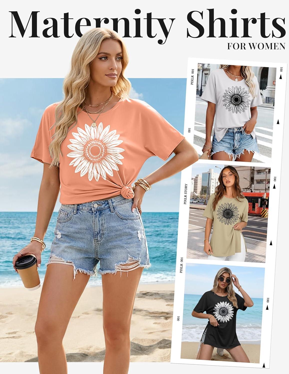 imageEkouaer 4 Pack Maternity Shirts Short Sleeve Pregnancy Tunic Tops Casual Postpartum Outfits Split Side Mama ClothesBlackKhakiOrangeWhite Sunflower