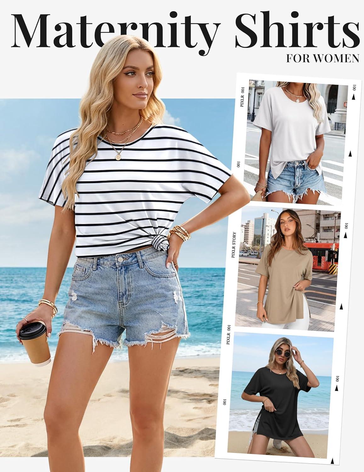 imageEkouaer 4 Pack Maternity Shirts Short Sleeve Pregnancy Tunic Tops Casual Postpartum Outfits Split Side Mama ClothesBlackKhakiWhiteBlack White Stripes