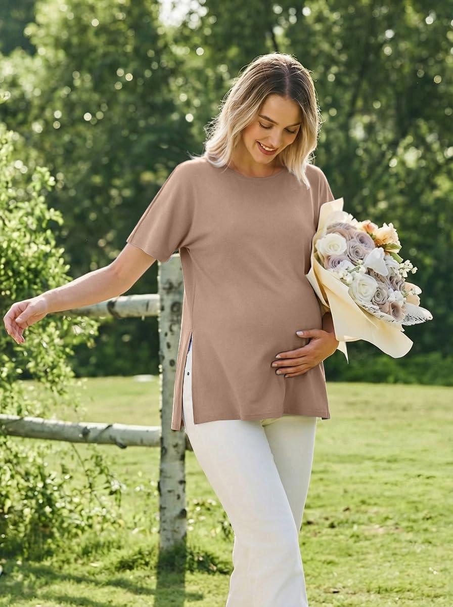 imageEkouaer 4 Pack Maternity Shirts Short Sleeve Pregnancy Tunic Tops Casual Postpartum Outfits Split Side Mama ClothesBlackKhakiWhiteBlack White Stripes